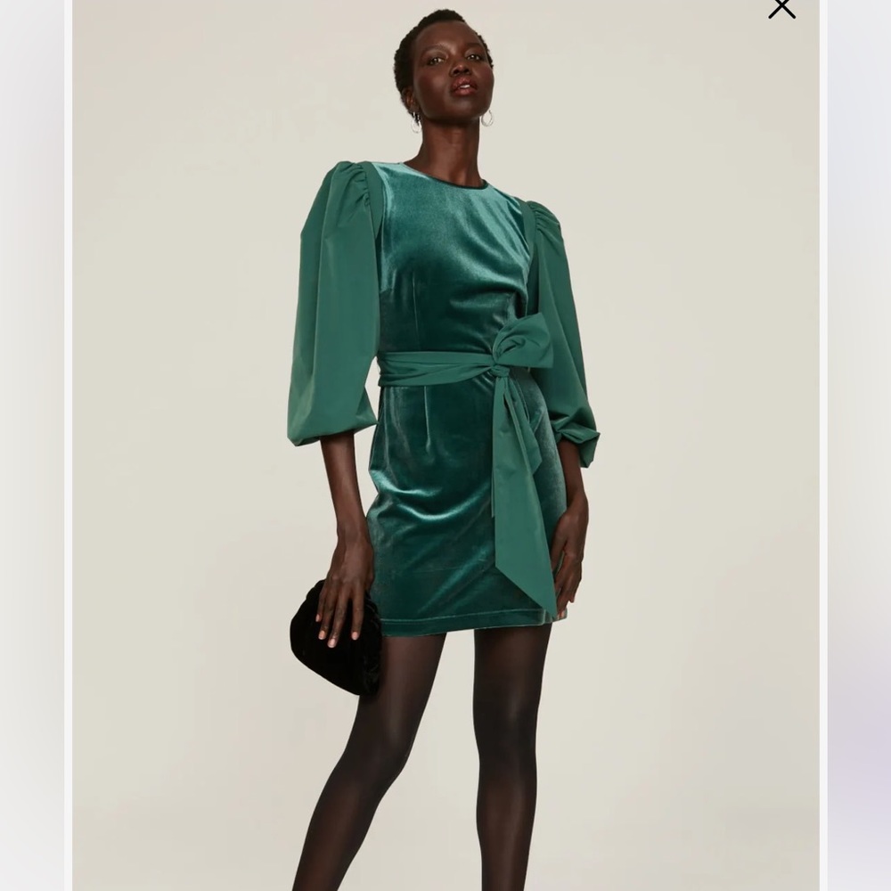 LDT Hannah stretch velvet bow sash crew neck puff sleeve mini dress size 6